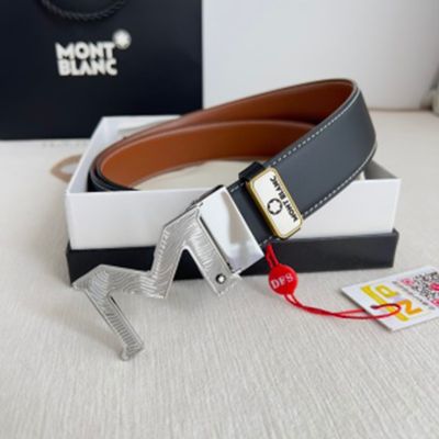 1:1  Montblanc Black Leather Belt with Silver Logo Buckle Hanging Buckle 3.5cm